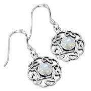  Rainbow Moonstone Round Celtic Knot Silver Earrings - e408